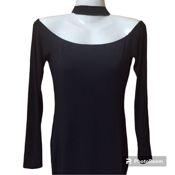 NWT S2J Black Off Shoulder Choker Dress L/S Sz S Bodycon Stretchy - Picture 2 of 7